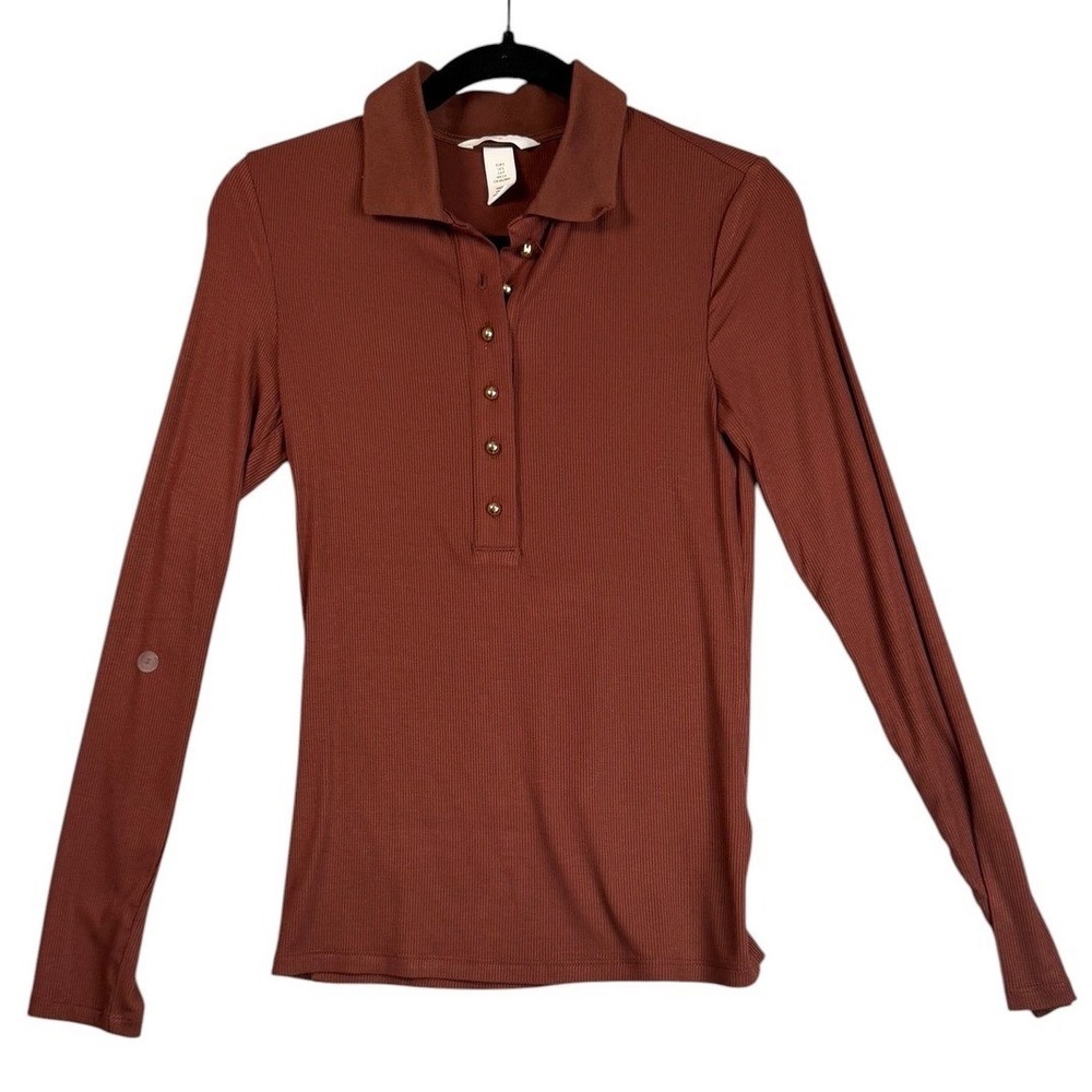 H&M Womens Rust Brown Ribbed Long‎ Sleeve Polo Shirt Button Front Size S